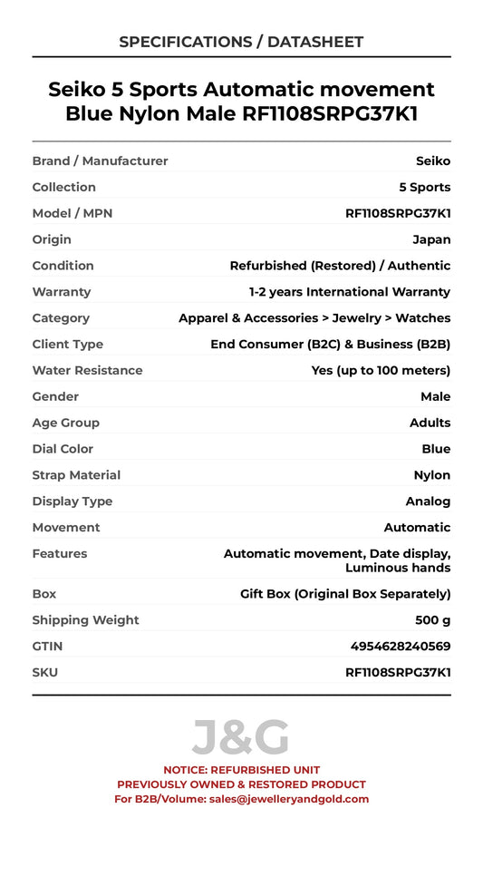 Seiko 5 Sports Automatic movement Blue Nylon Male RF1108SRPG37K1 - Specifications