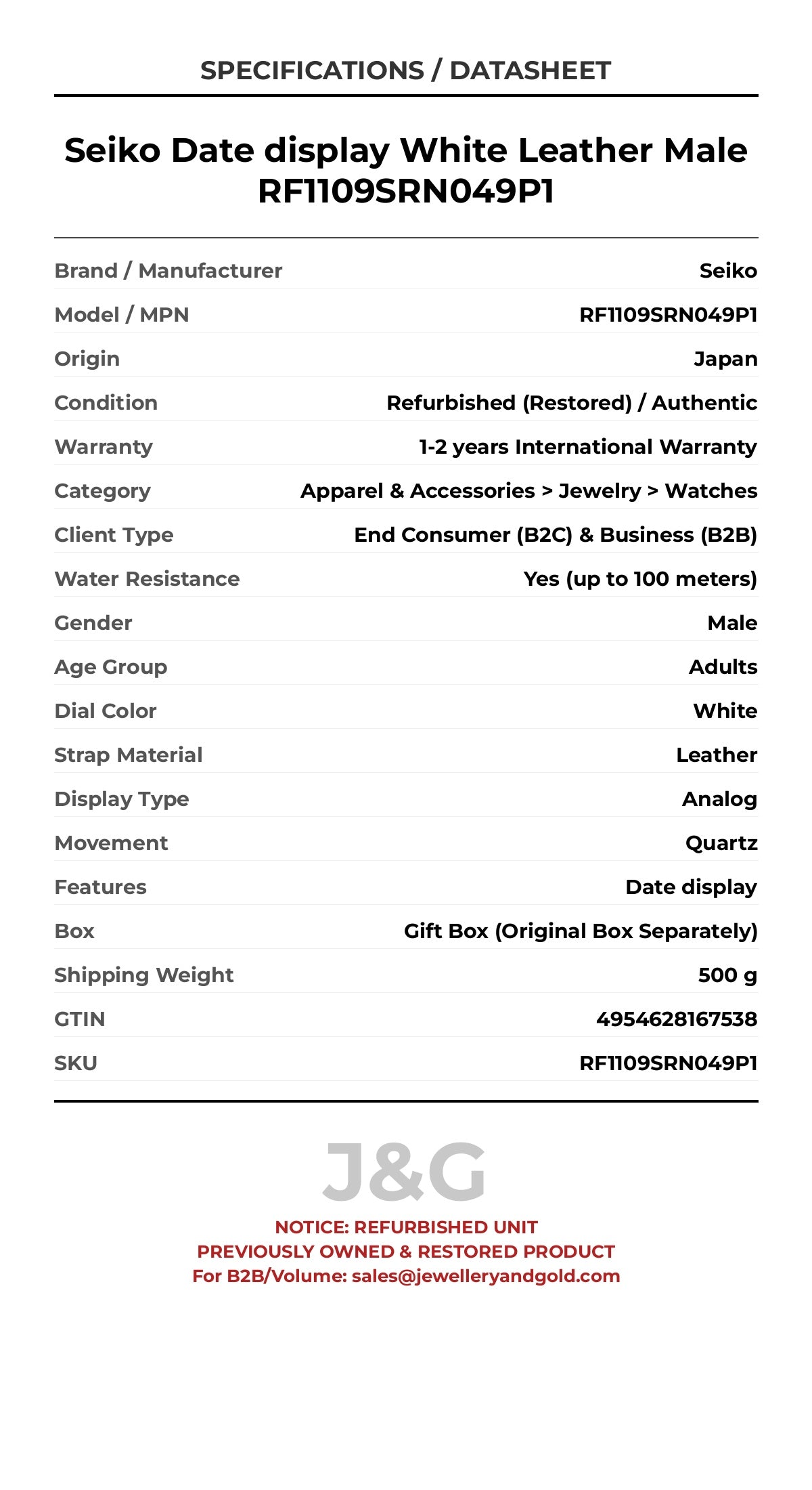 Seiko Date display White Leather Male RF1109SRN049P1 - Specifications