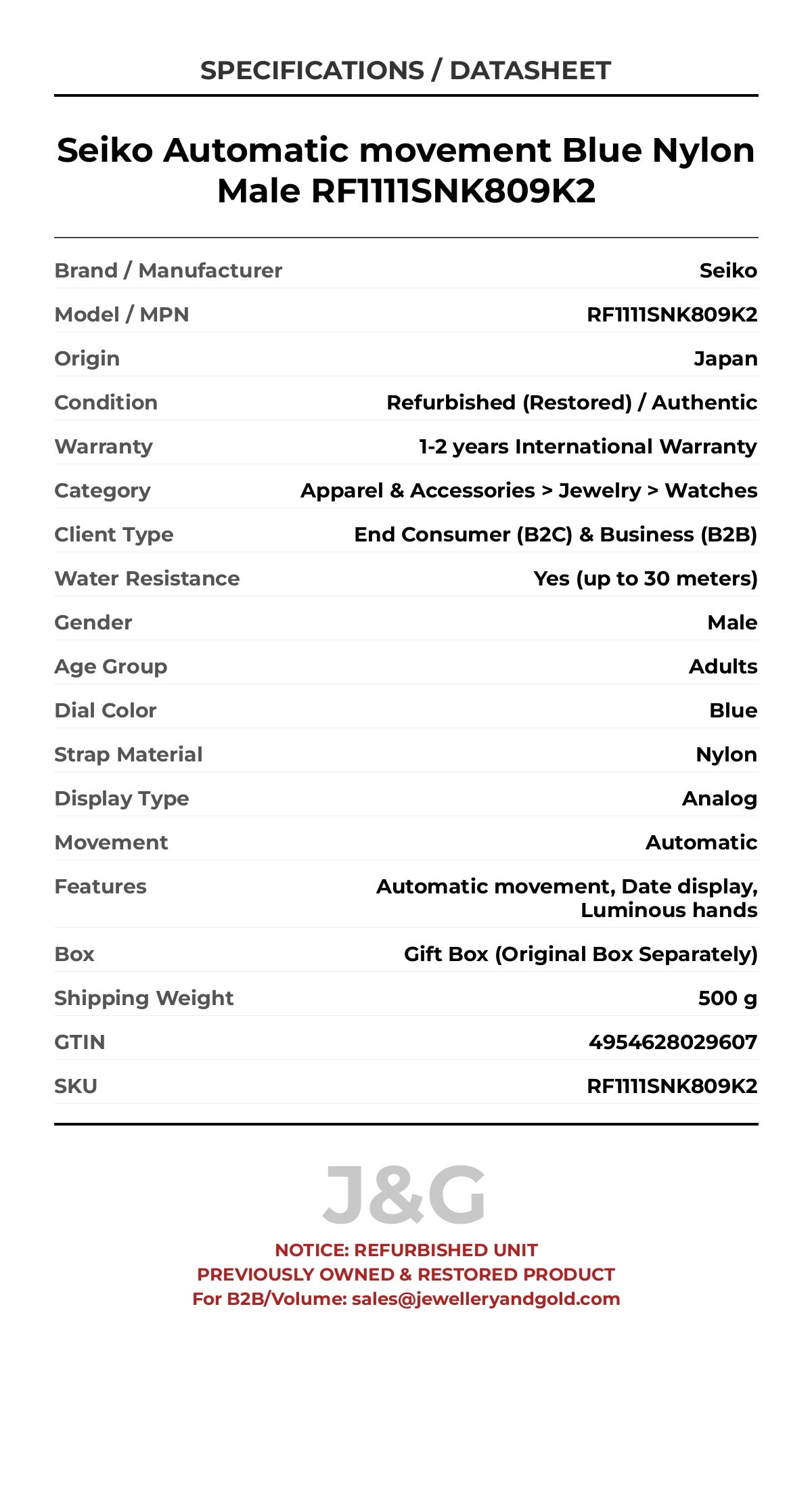 Seiko Automatic movement Blue Nylon Male RF1111SNK809K2 - Specifications