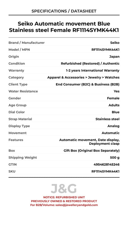 Seiko Automatic movement Blue Stainless steel Female RF1114SYMK44K1 - Specifications