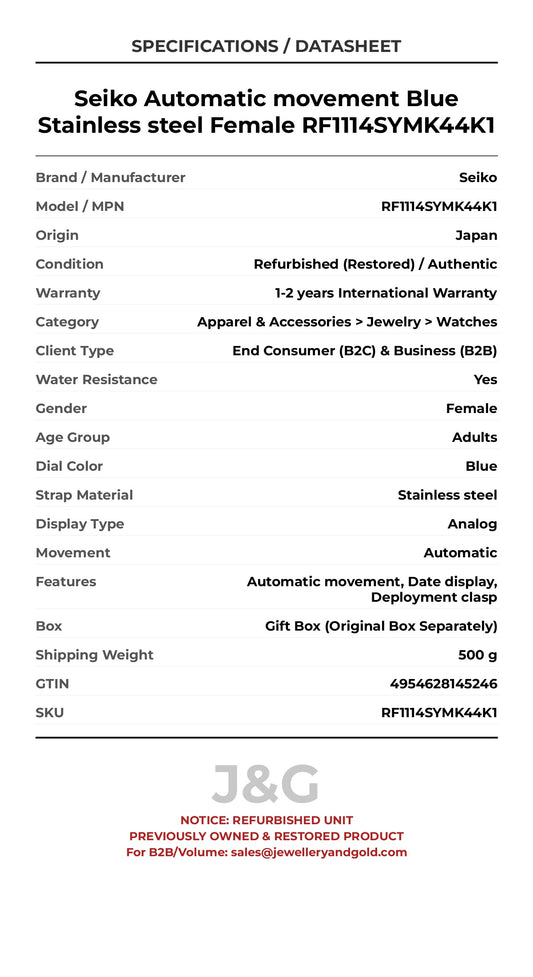 Seiko Automatic movement Blue Stainless steel Female RF1114SYMK44K1 - Specifications