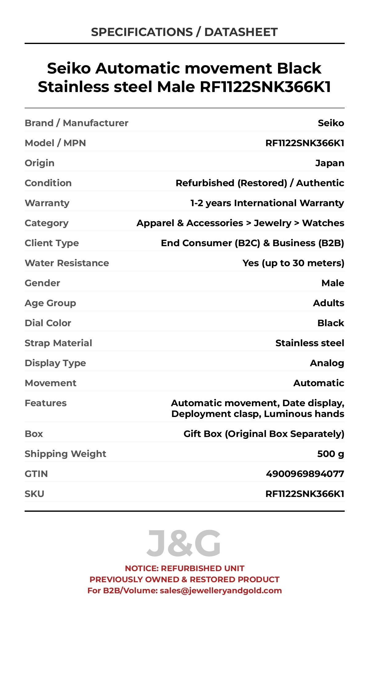 Seiko Automatic movement Black Stainless steel Male RF1122SNK366K1 - Specifications