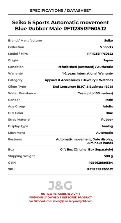 Seiko 5 Sports Automatic movement Blue Rubber Male RF1123SRP605J2 - Specifications