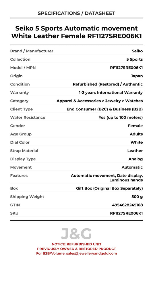 Seiko 5 Sports Automatic movement White Leather Female RF1127SRE006K1 - Specifications