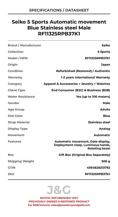Seiko 5 Sports Automatic movement Blue Stainless steel Male RF1132SRPB37K1 - Specifications