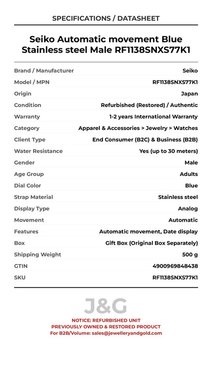 Seiko Automatic movement Blue Stainless steel Male RF1138SNXS77K1 - Specifications