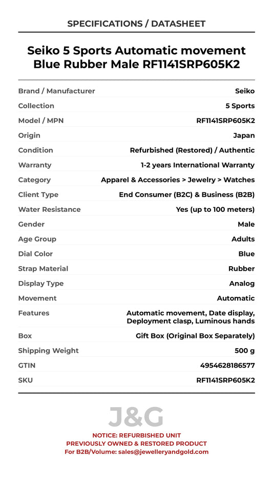 Seiko 5 Sports Automatic movement Blue Rubber Male RF1141SRP605K2 - Specifications