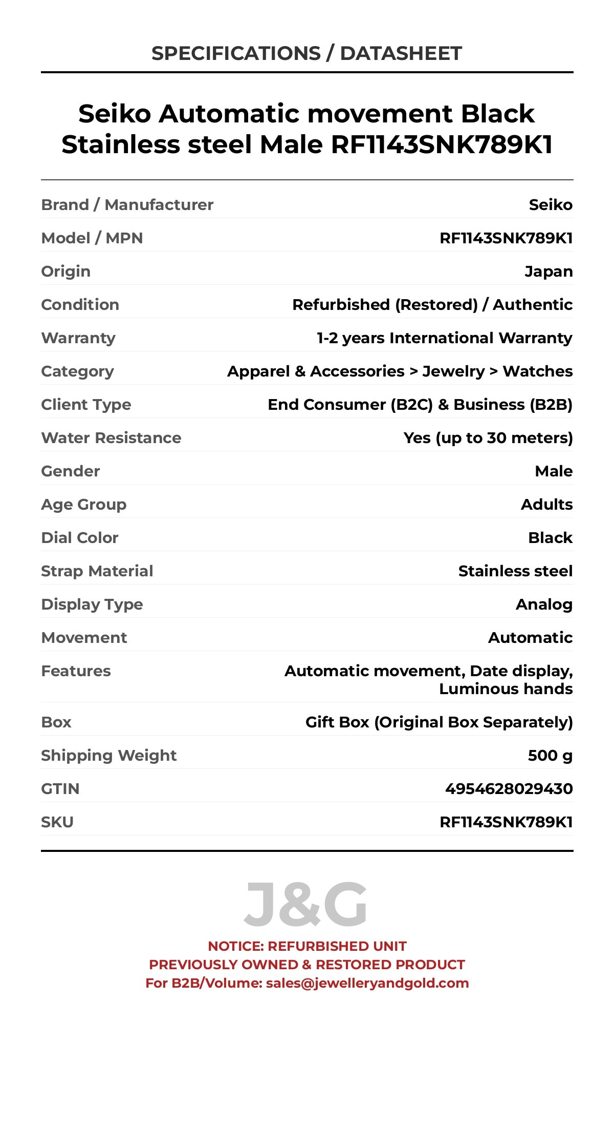 Seiko Automatic movement Black Stainless steel Male RF1143SNK789K1 - Specifications