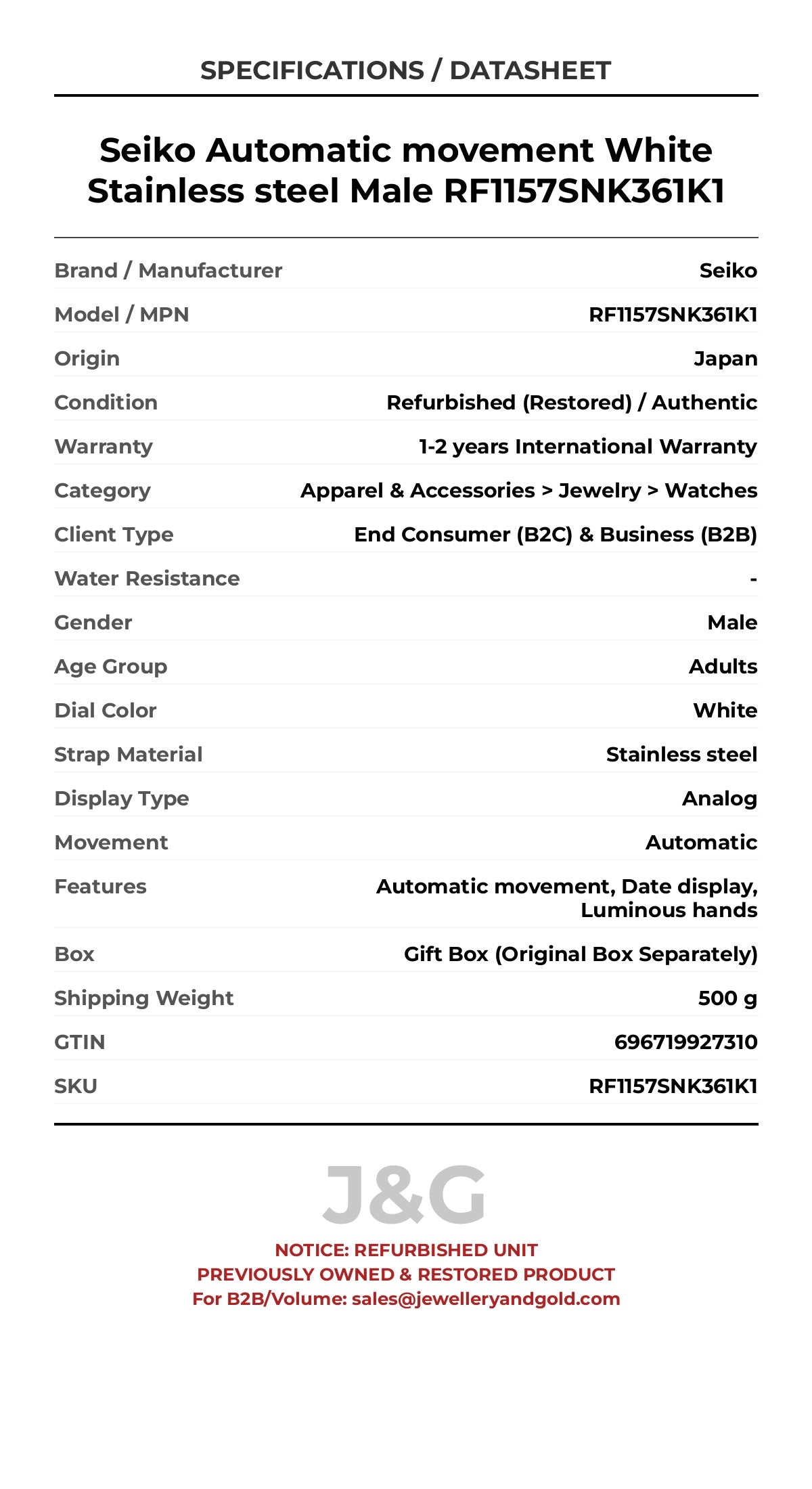 Seiko Automatic movement White Stainless steel Male RF1157SNK361K1 - Specifications