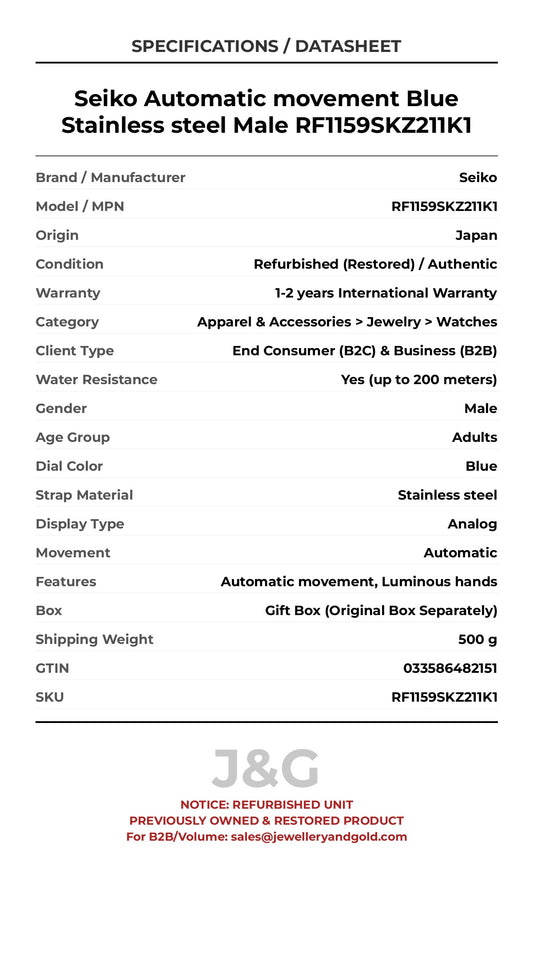 Seiko Automatic movement Blue Stainless steel Male RF1159SKZ211K1 - Specifications