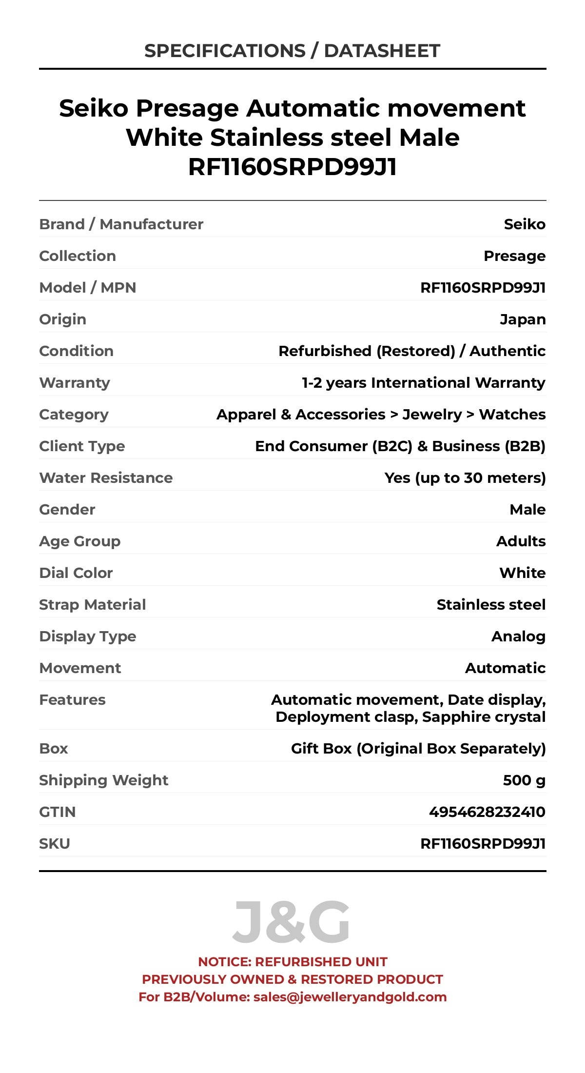 Seiko Presage Automatic movement White Stainless steel Male RF1160SRPD99J1 - Specifications
