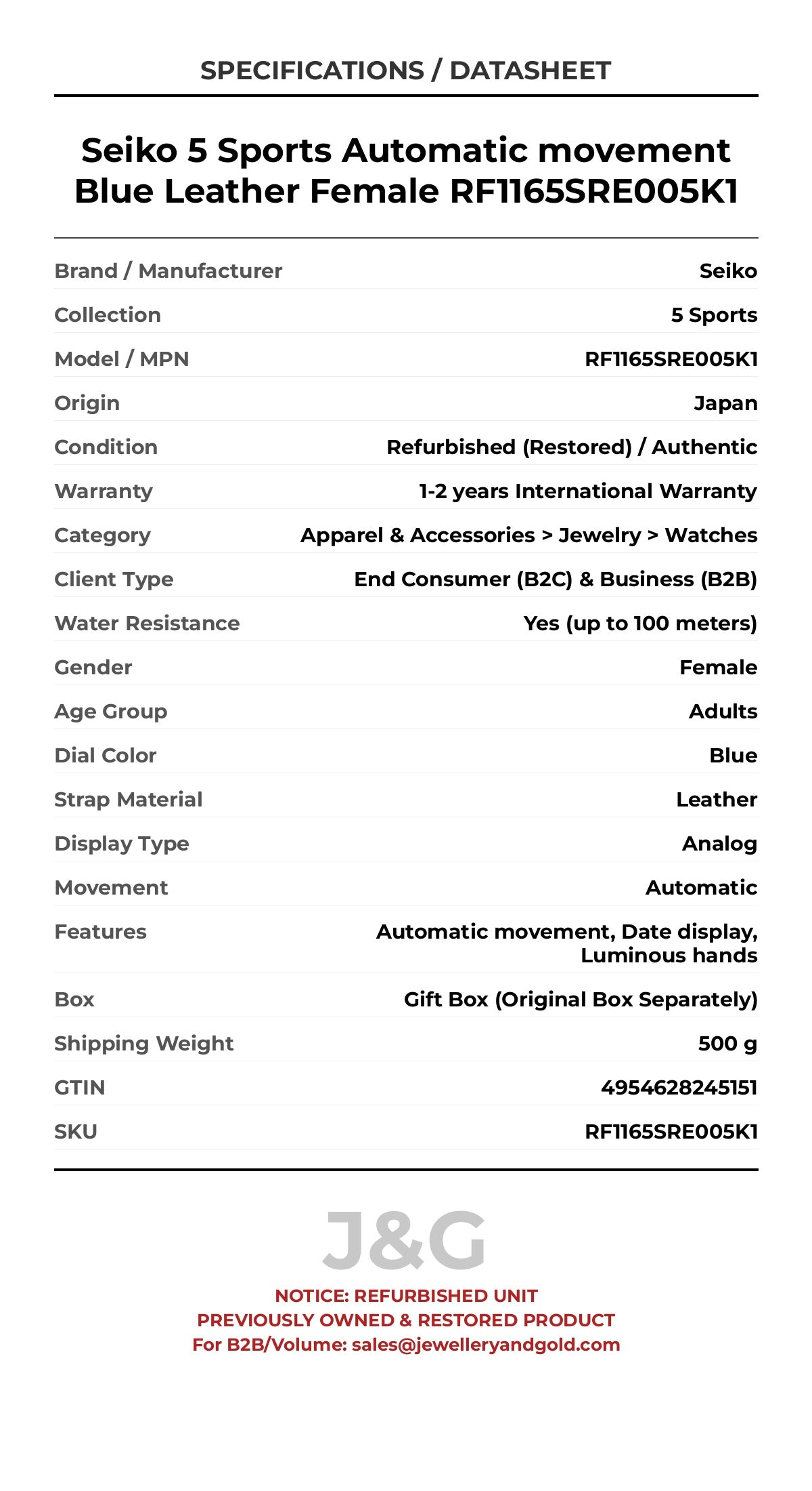 Seiko 5 Sports Automatic movement Blue Leather Female RF1165SRE005K1 - Specifications