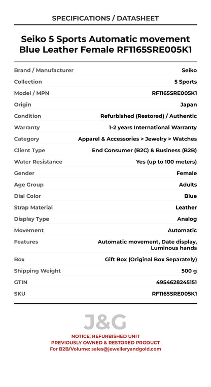 Seiko 5 Sports Automatic movement Blue Leather Female RF1165SRE005K1 - Specifications