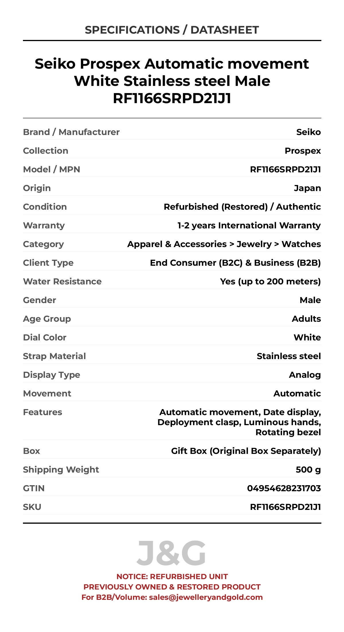 Seiko Prospex Automatic movement White Stainless steel Male RF1166SRPD21J1 - Specifications