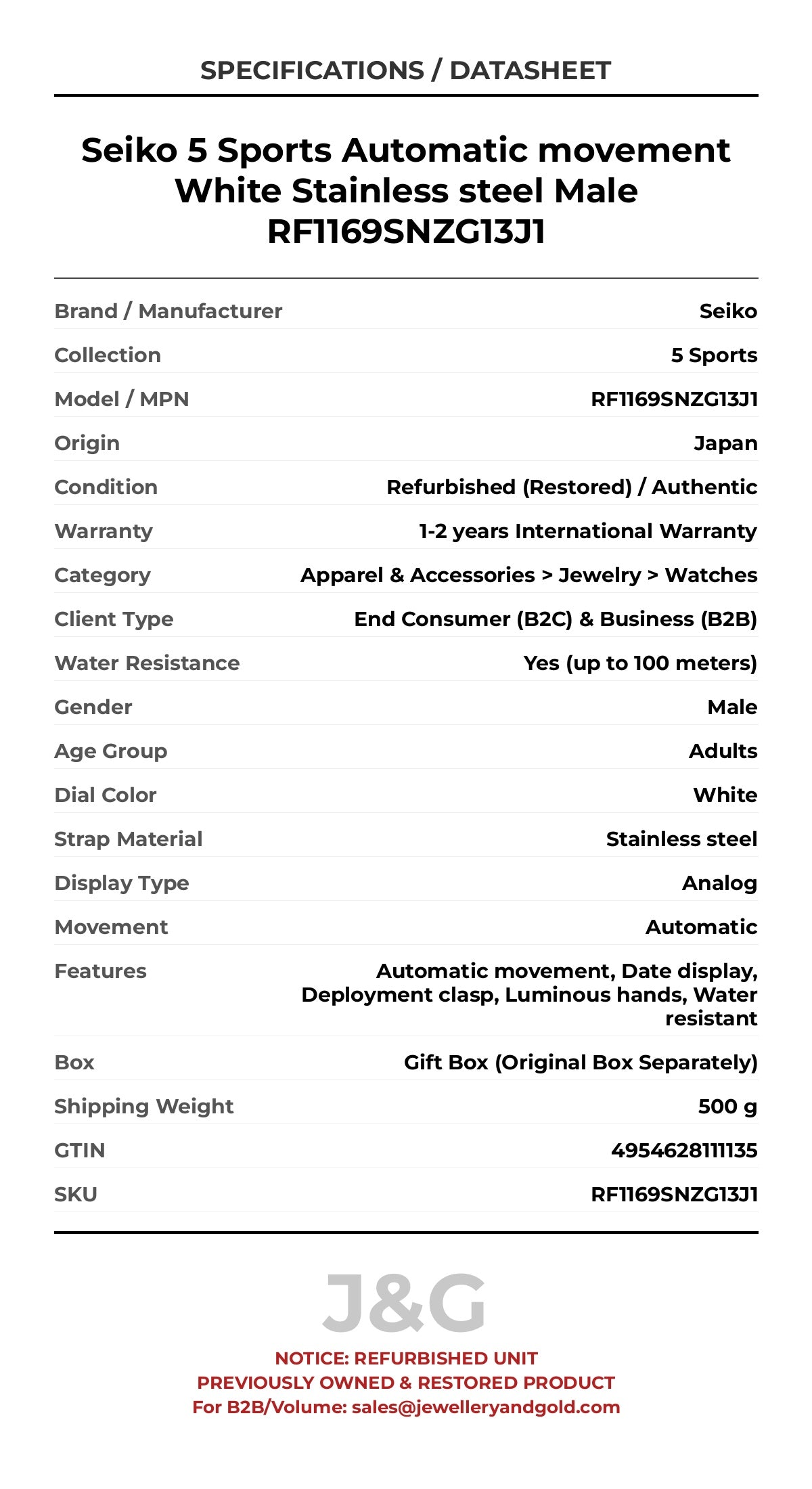 Seiko 5 Sports Automatic movement White Stainless steel Male RF1169SNZG13J1 - Specifications