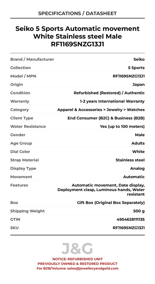 Seiko 5 Sports Automatic movement White Stainless steel Male RF1169SNZG13J1 - Specifications
