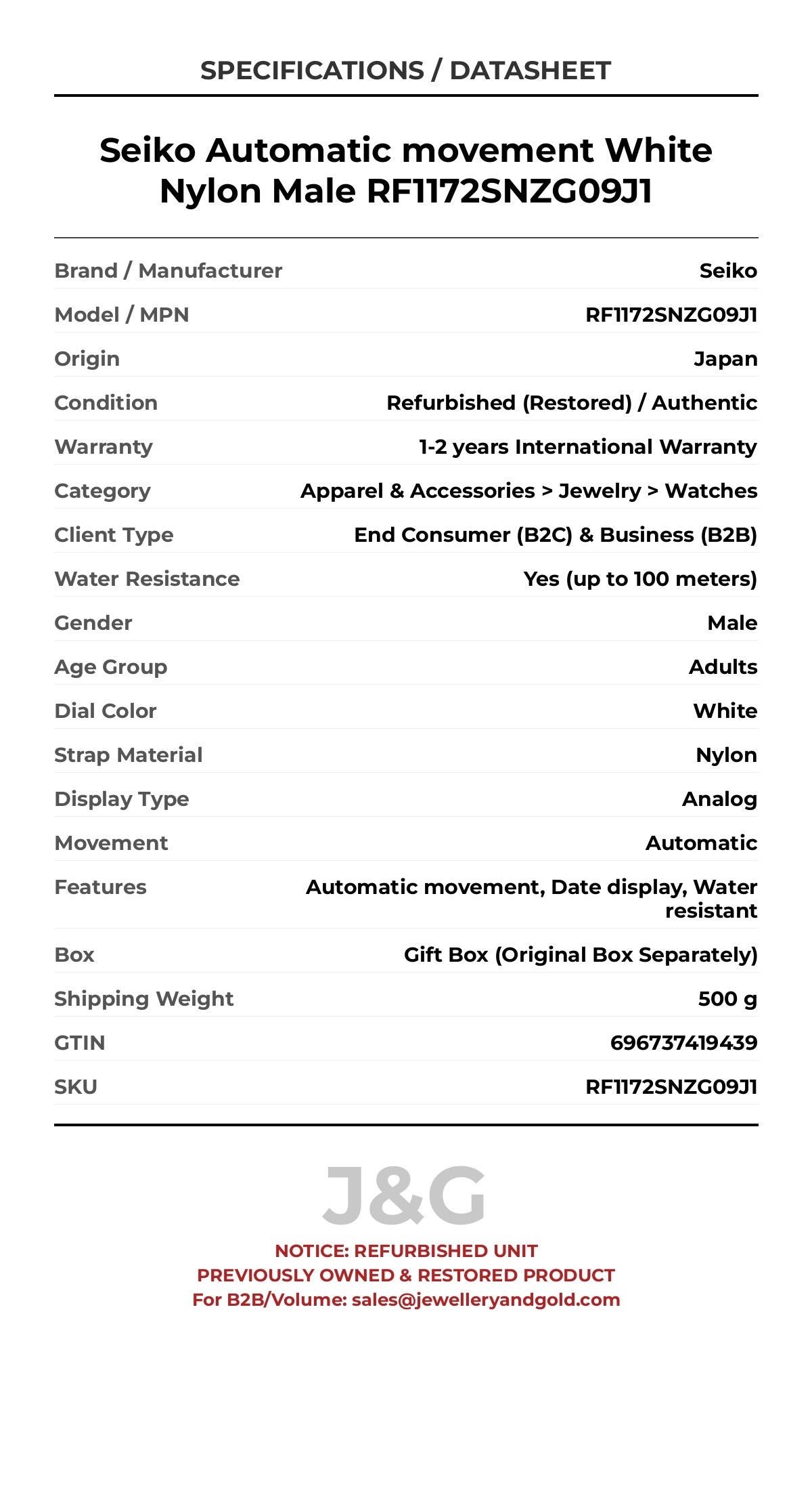 Seiko Automatic movement White Nylon Male RF1172SNZG09J1 - Specifications