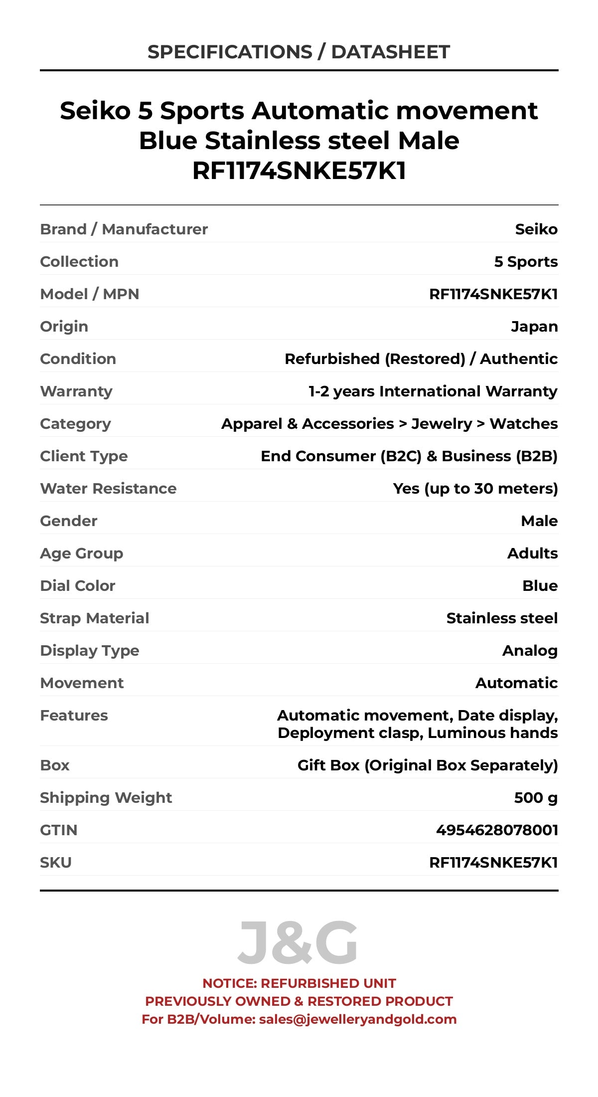 Seiko 5 Sports Automatic movement Blue Stainless steel Male RF1174SNKE57K1 - Specifications