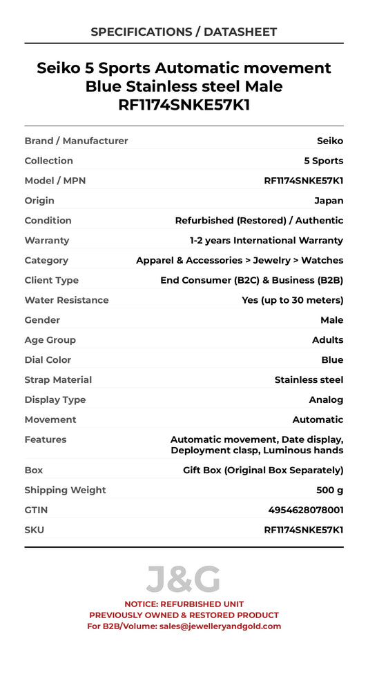 Seiko 5 Sports Automatic movement Blue Stainless steel Male RF1174SNKE57K1 - Specifications
