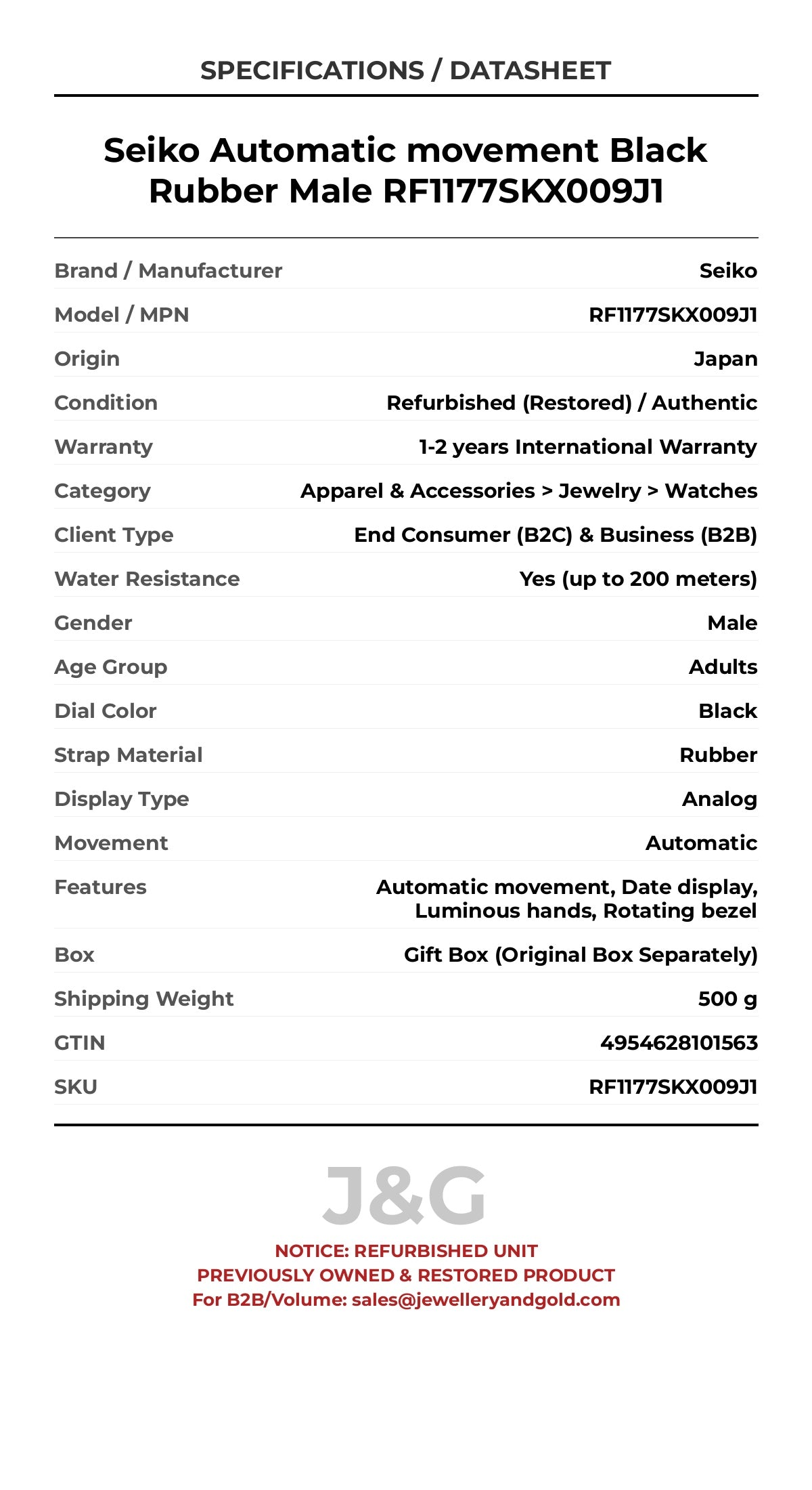 Seiko Automatic movement Black Rubber Male RF1177SKX009J1 - Specifications