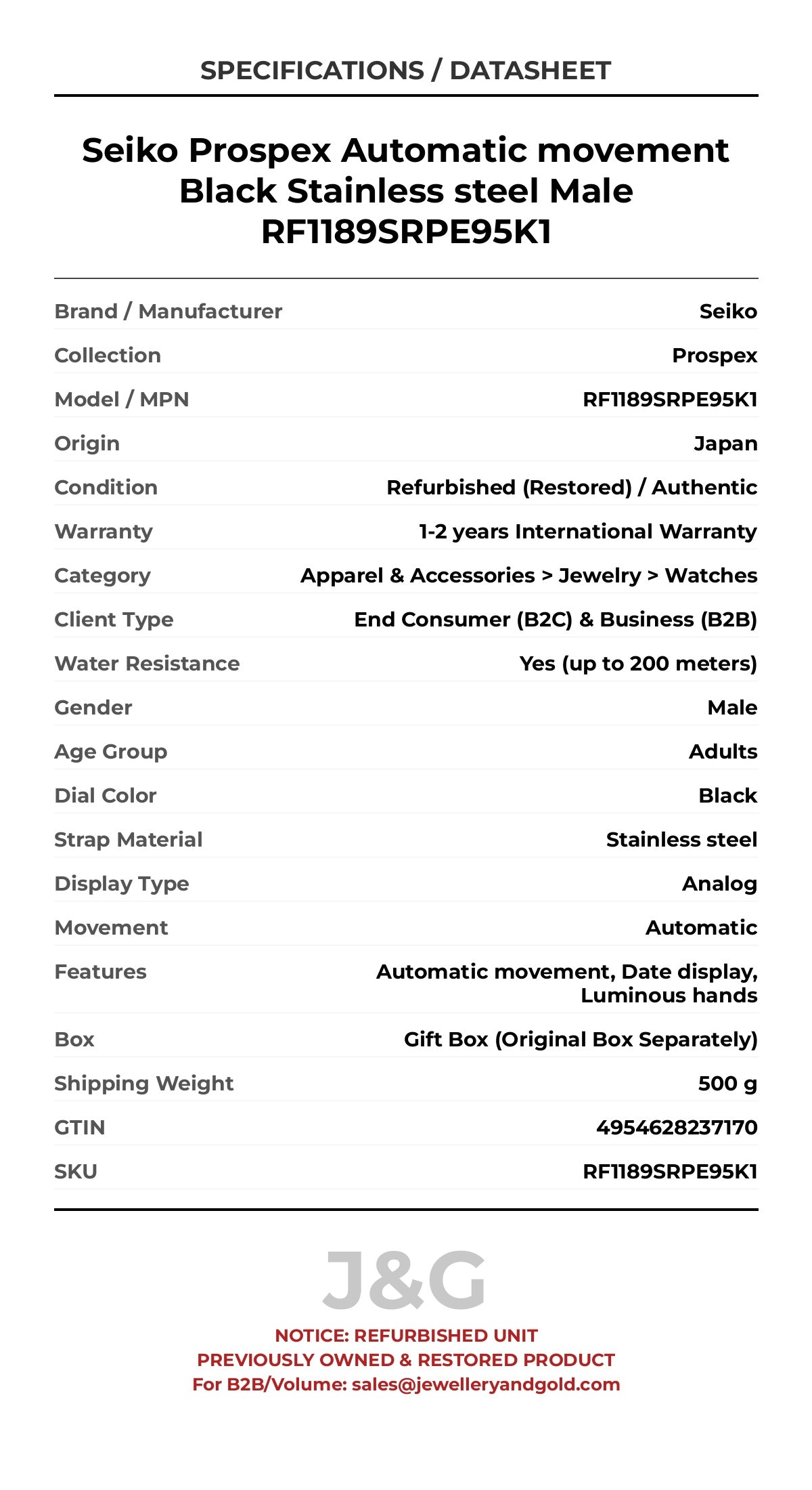 Seiko Prospex Automatic movement Black Stainless steel Male RF1189SRPE95K1 - Specifications