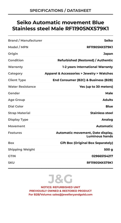 Seiko Automatic movement Blue Stainless steel Male RF1190SNXS79K1 - Specifications