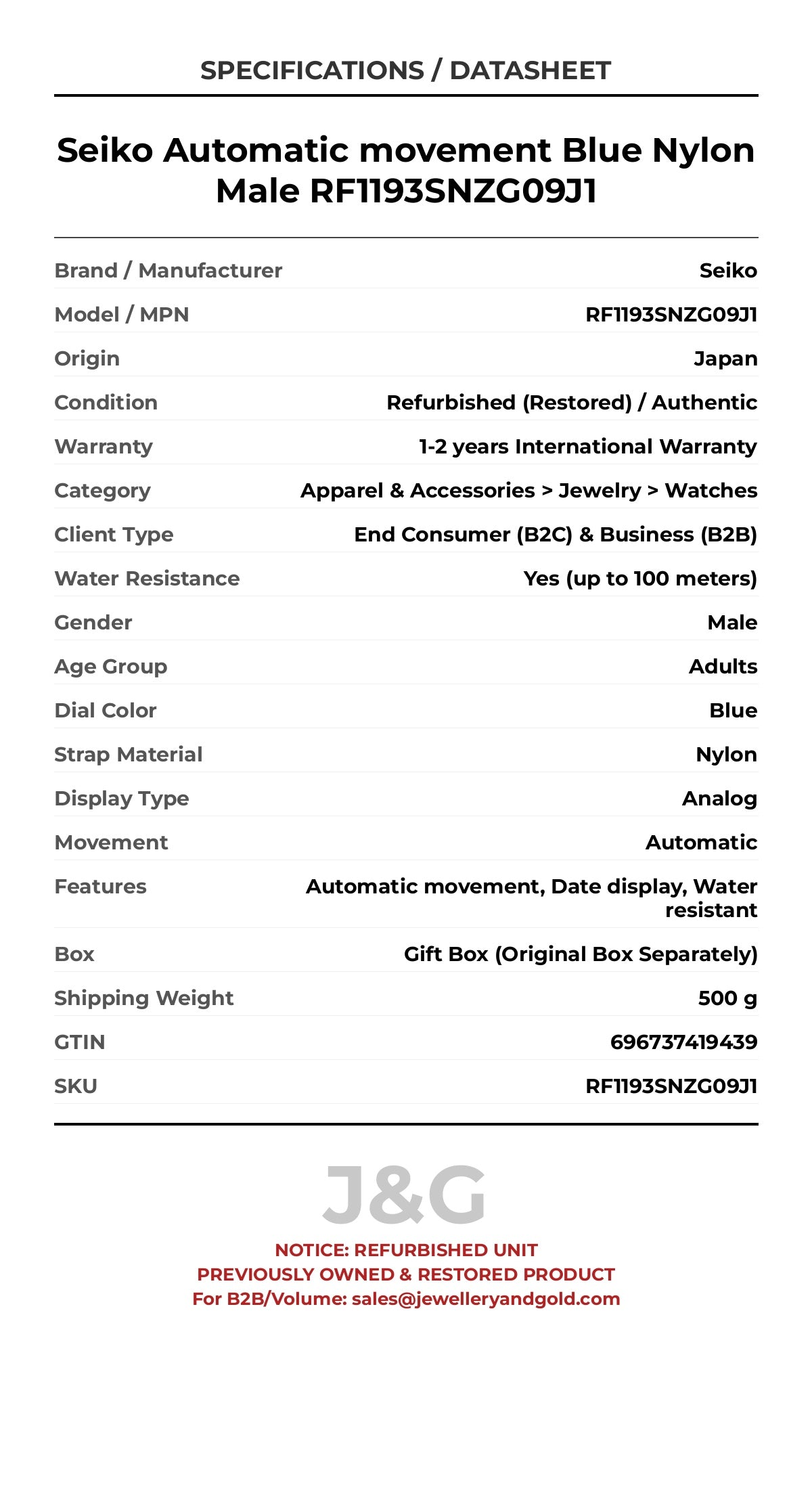 Seiko Automatic movement Blue Nylon Male RF1193SNZG09J1 - Specifications