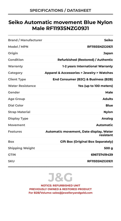 Seiko Automatic movement Blue Nylon Male RF1193SNZG09J1 - Specifications