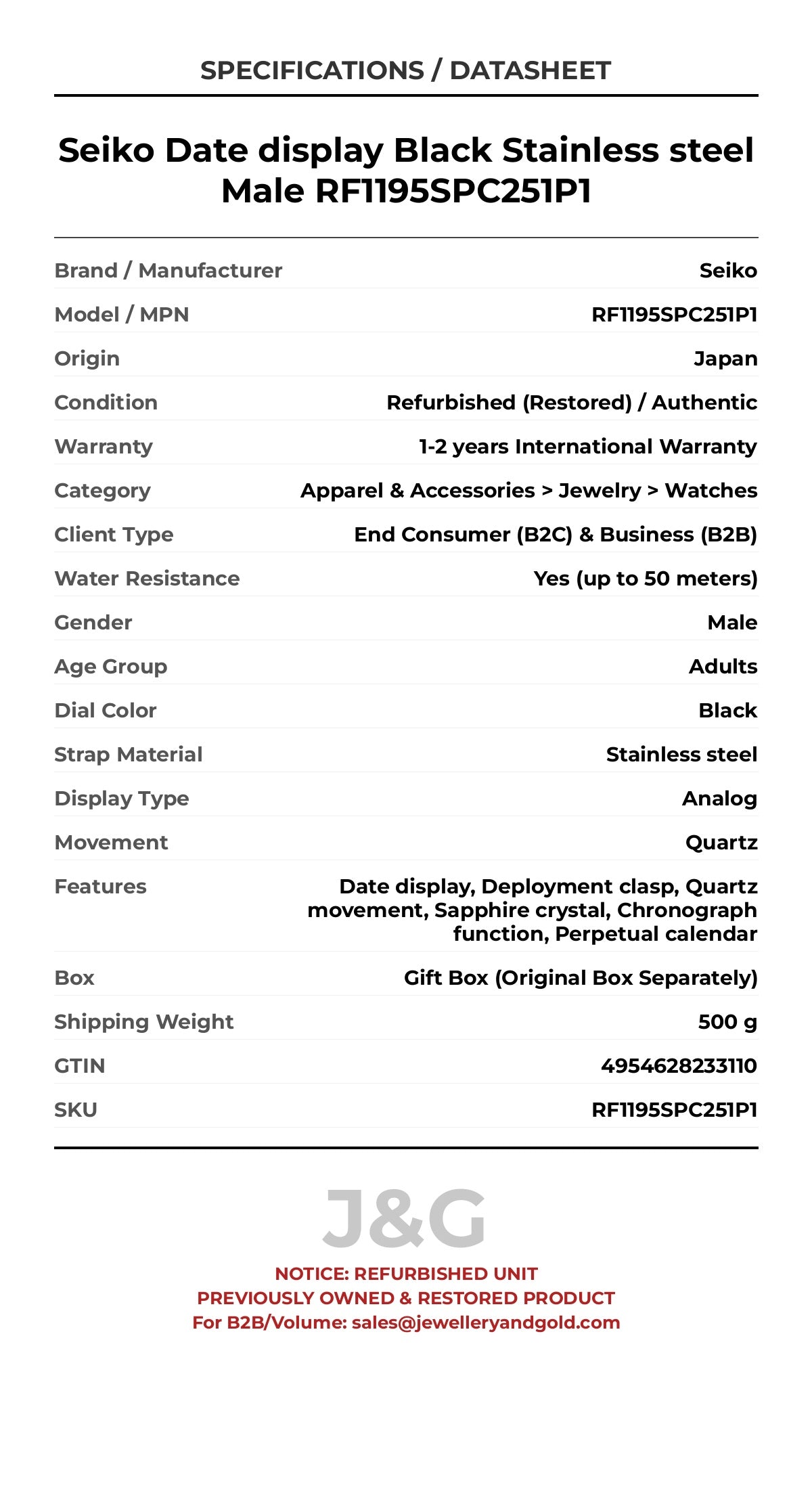 Seiko Date display Black Stainless steel Male RF1195SPC251P1 - Specifications