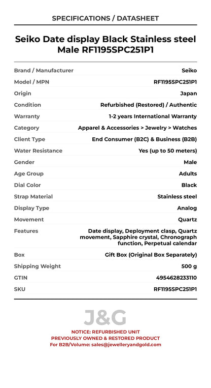 Seiko Date display Black Stainless steel Male RF1195SPC251P1 - Specifications