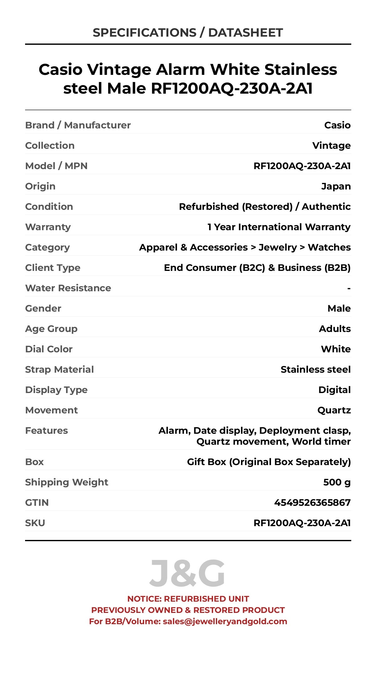Casio Vintage Alarm White Stainless steel Male RF1200AQ-230A-2A1 - Specifications