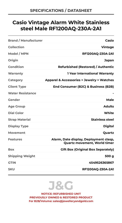 Casio Vintage Alarm White Stainless steel Male RF1200AQ-230A-2A1 - Specifications