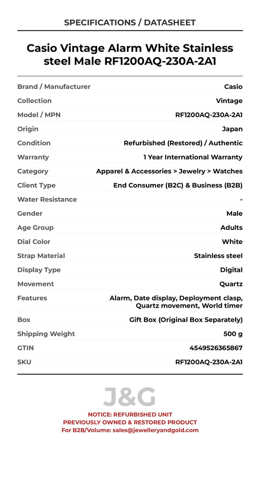 Casio Vintage Alarm White Stainless steel Male RF1200AQ-230A-2A1 - Specifications
