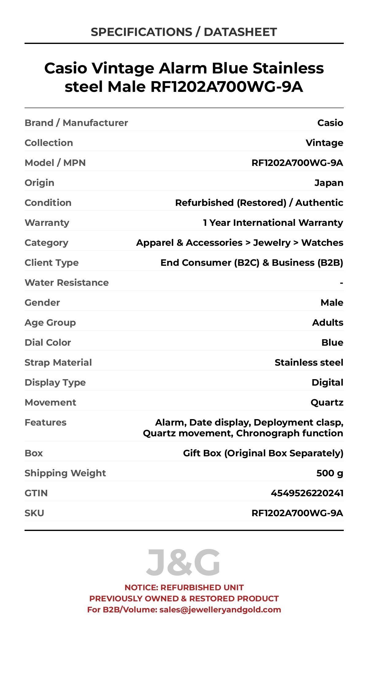 Casio Vintage Alarm Blue Stainless steel Male RF1202A700WG-9A - Specifications