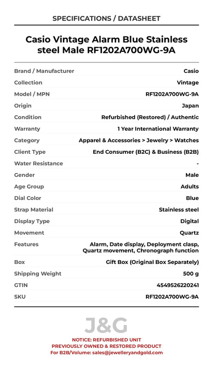 Casio Vintage Alarm Blue Stainless steel Male RF1202A700WG-9A - Specifications