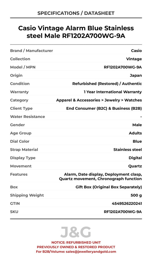 Casio Vintage Alarm Blue Stainless steel Male RF1202A700WG-9A - Specifications