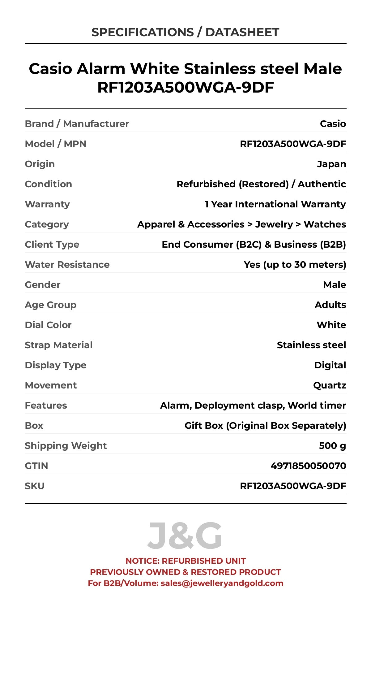 Casio Alarm White Stainless steel Male RF1203A500WGA-9DF - Specifications