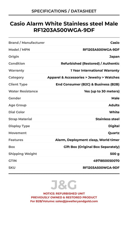 Casio Alarm White Stainless steel Male RF1203A500WGA-9DF - Specifications