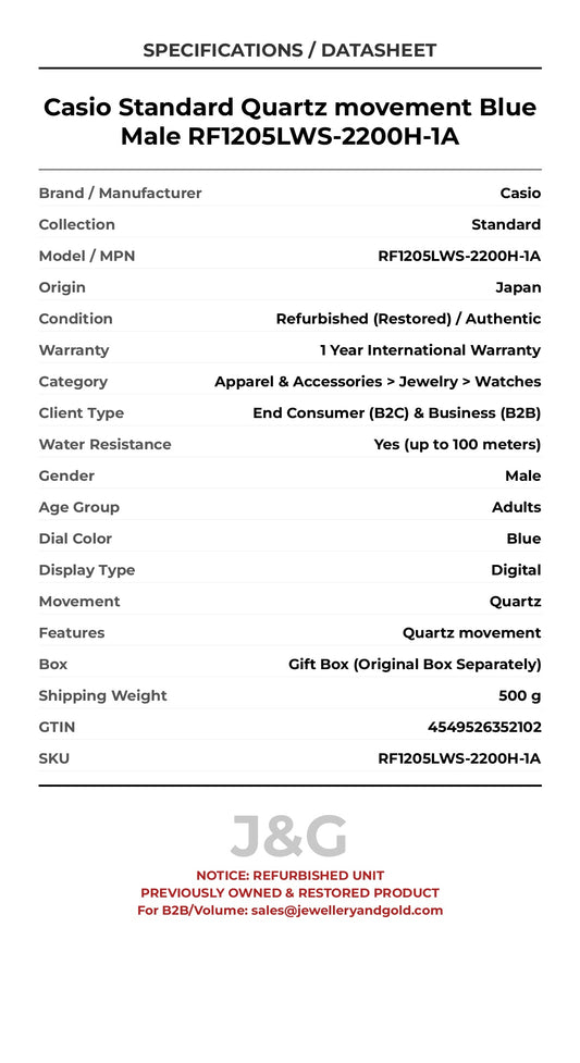 Casio Standard Quartz movement Blue Male RF1205LWS-2200H-1A - Specifications
