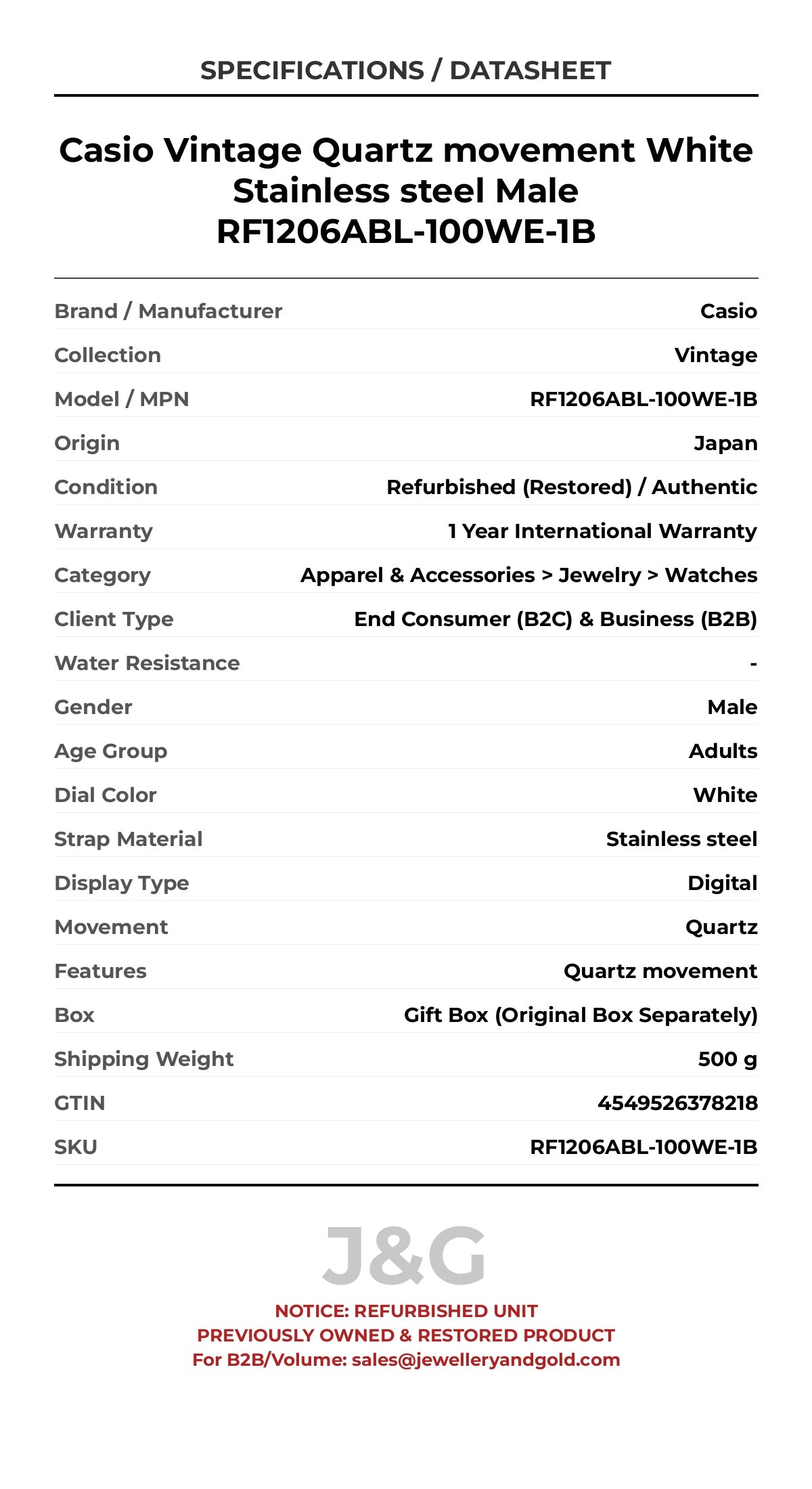 Casio Vintage Quartz movement White Stainless steel Male RF1206ABL-100WE-1B - Specifications