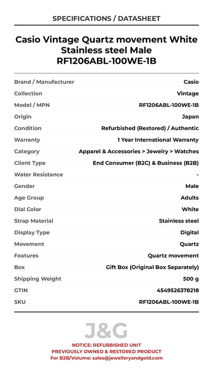 Casio Vintage Quartz movement White Stainless steel Male RF1206ABL-100WE-1B - Specifications