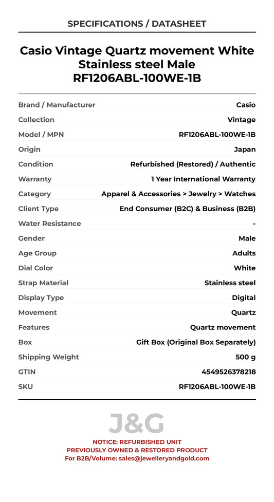 Casio Vintage Quartz movement White Stainless steel Male RF1206ABL-100WE-1B - Specifications