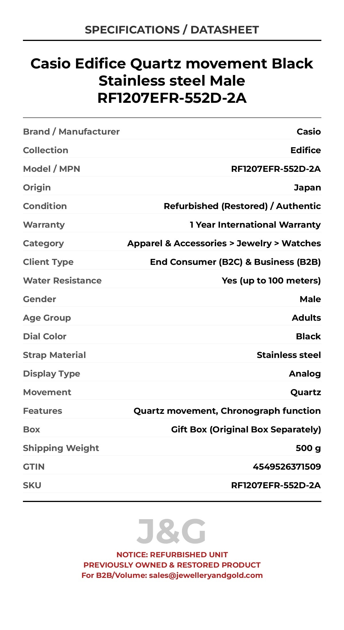 Casio Edifice Quartz movement Black Stainless steel Male RF1207EFR-552D-2A - Specifications
