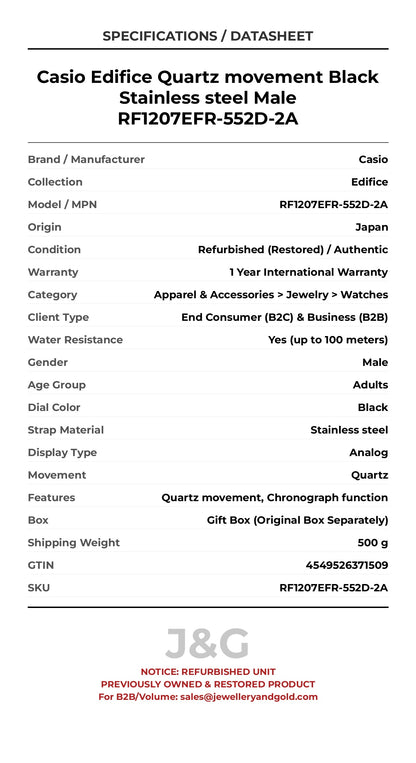 Casio Edifice Quartz movement Black Stainless steel Male RF1207EFR-552D-2A - Specifications