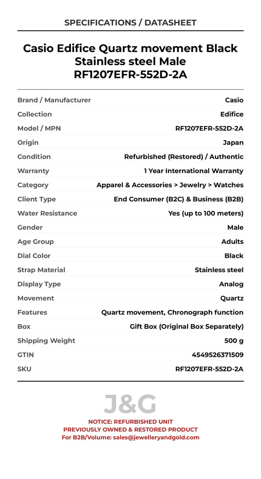 Casio Edifice Quartz movement Black Stainless steel Male RF1207EFR-552D-2A - Specifications