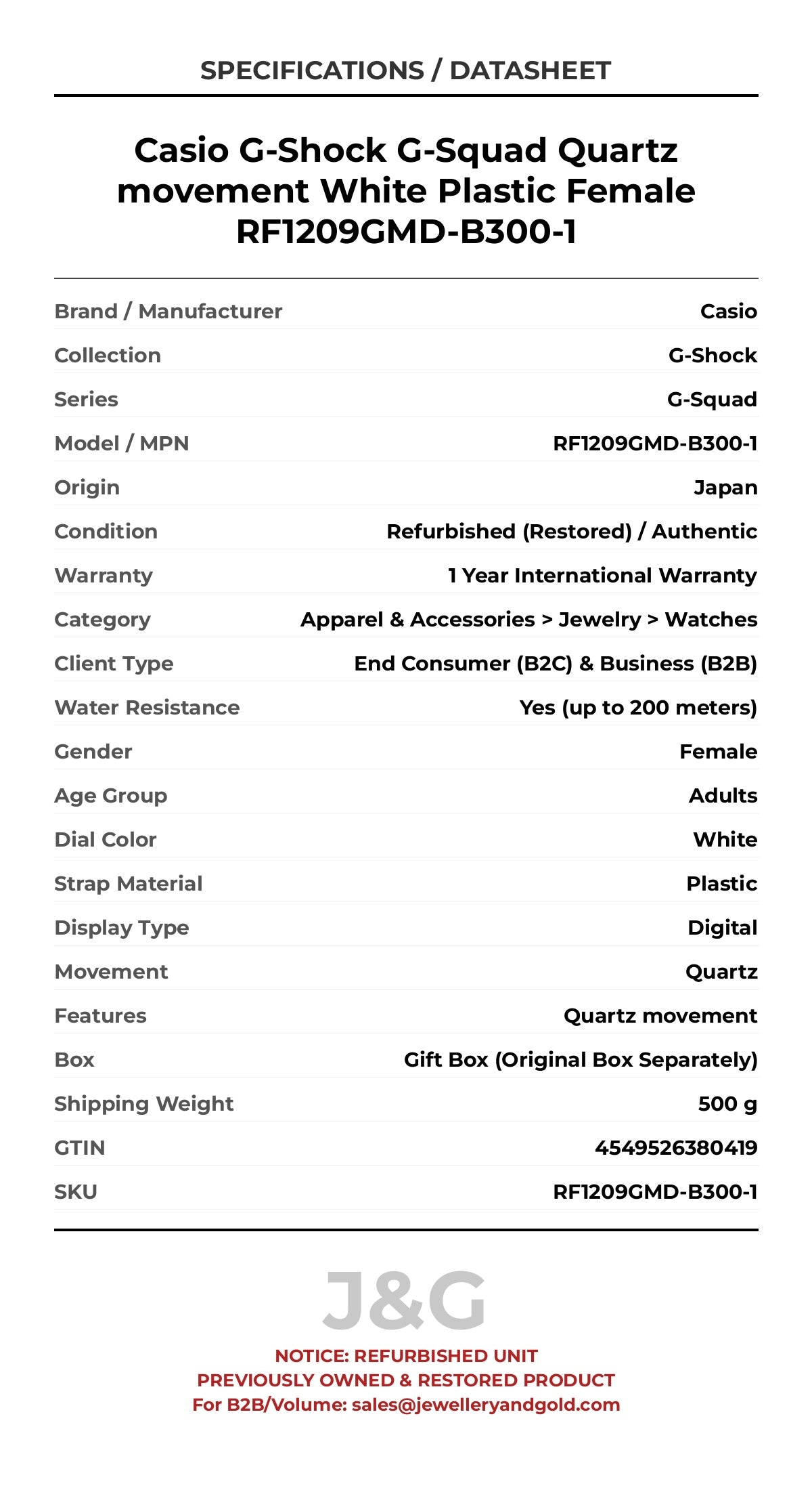 Casio G-Shock G-Squad Quartz movement White Plastic Female RF1209GMD-B300-1 - Specifications
