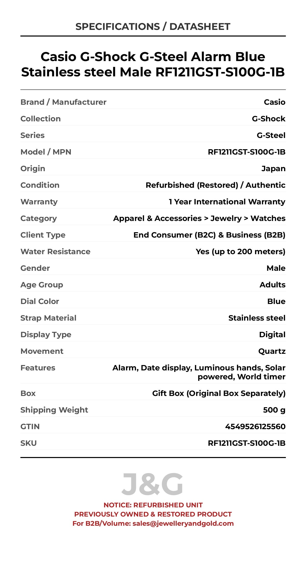 Casio G-Shock G-Steel Alarm Blue Stainless steel Male RF1211GST-S100G-1B - Specifications