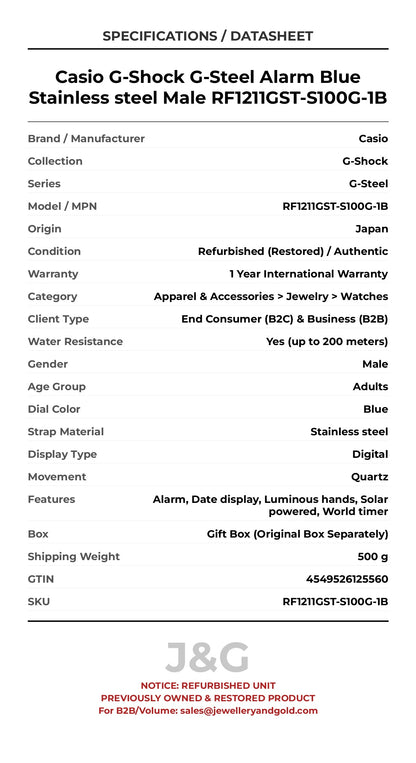 Casio G-Shock G-Steel Alarm Blue Stainless steel Male RF1211GST-S100G-1B - Specifications
