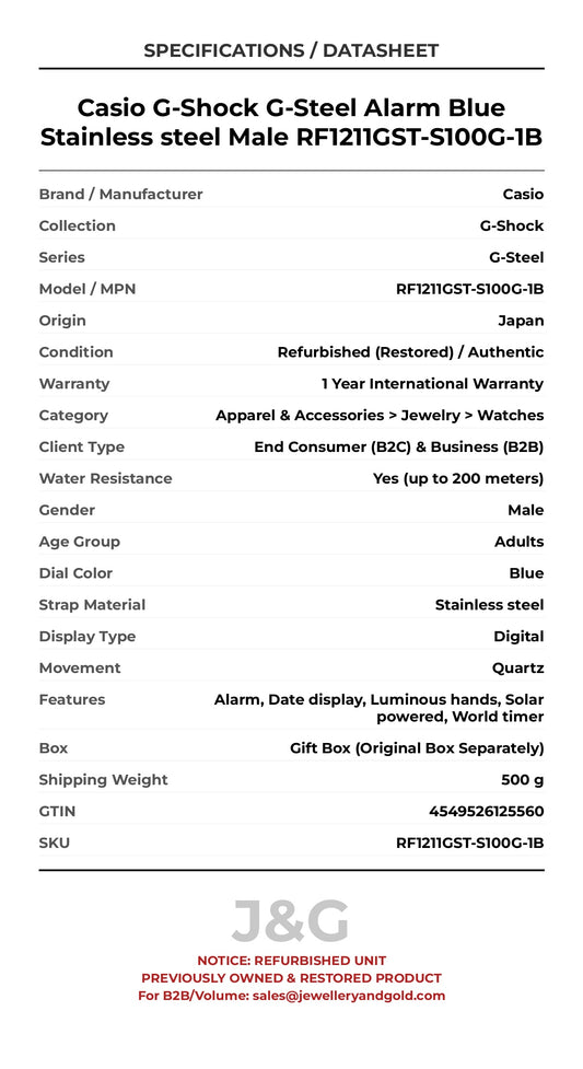 Casio G-Shock G-Steel Alarm Blue Stainless steel Male RF1211GST-S100G-1B - Specifications