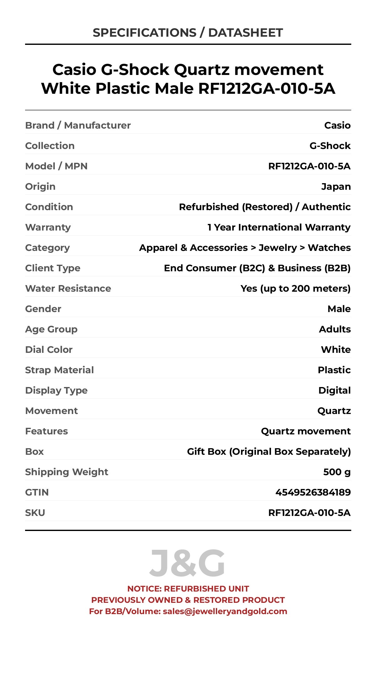 Casio G-Shock Quartz movement White Plastic Male RF1212GA-010-5A - Specifications